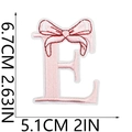 Pink embroidered letter E patch with bow detail and 6.7cm x 5.1cm size measurement - Bow Alphabet Letter E