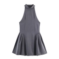 Fashionable dark grey halter neck mini dress with pleated waist and flared skirt - XS / Space Gray