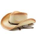 Détail d'un chapeau de cowboy en paille avec bande en cuir tressé et emblème de taureau - M (56-58cm) / Beige Rouge Rouille Dégradé