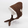 Kinder Wintermütze aus dunkelbraunem Cord mit warmem Kunstkaninchenfell-Futter - 52CM(2-4 Jahre) / Dunkelbrauner Etiketten Patch Bindestil (C2)