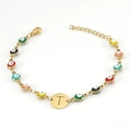 18K gold plated stainless steel Evil Eye bracelet with letter T charm and colorful enamel - Letter T