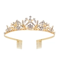 Golden alloy floral wedding crown with rhinestones and hair combs for bridal hair styling - White Rhinestone Style (With Comb) / Gold