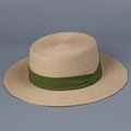 Close-up of premium raffia straw boater hat with olive green ribbon for sun protection - M (56-58cm Adjustable) / Green Ribbon