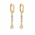Close-up of gold hoop earrings with hanging purple and pink zircon crystal chains - Gold Purple Pink Zircon Long Pair