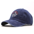 Detail der Adler-Stickerei und Used-Look Textur auf einer dunkelblauen Baseballkappe - Marineblau
