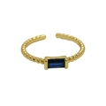 Adjustable 18k brass ring with blue baguette birthstone and twisted rope band - September