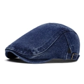 Verstelbare donkerblauwe gewassen denim flat cap met vintage bronzen gesp op witte basis - Verstelbaar / Donkerblauw