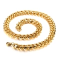 Polished golden stainless steel Cuban chain necklace with secure lobster clasp closure - Gold Lobster Clasp Style (KN93849-Z)