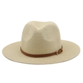 Classic beige straw fedora beach hat with brown leather band and metal buckle detail - M (56-58cm) / Beige
