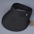 Detail of black straw visor texture with wide brim and gold logo plaque on side - M (56-58cm) / Black