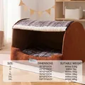Maattabel voor warm huisdierbed van bruin pluche en grijze geruite stof voor honden/katten - S (35x30x30cm) / Bondi Blauw