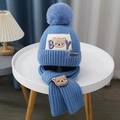 Blue knit baby hat and scarf set with cute bear patch and fuzzy faux fur pom-pom - BY Cartoon Bear Set - Sky Blue