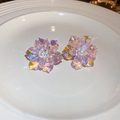 Iridescent purple crystal flower earrings with sparkling AB finish on a white plate - Iridescent Floral Design / Pink