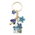 Porte-clés émaillé bleu avec pendentifs papillon, champignon, fleur et petite maison - Style Maison Champignon Fleur Papillon Bleu (ER689)