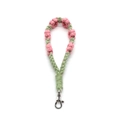 Handmade woven flower keychain lanyard with pink and green cotton cord and metal clasp - Wristband Style / Antique Bronze Keychain / Pink