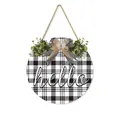 Hello wooden door sign with black and white buffalo plaid pattern and burlap bow decoration - 28x28x0.5cm / Black and White Plaid Style (M80547Q)