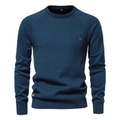 Slim fit men's crewneck cotton sweater in navy blue with raglan sleeves and metal logo - Navy Blue