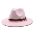 Close-up of pink wool fedora hat with tricolor striped band and Greek key pattern - Pink