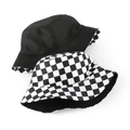 Detailed view of reversible cotton bucket hat featuring black solid and checkered pattern - M / Black and White Checkerboard (Black Inside)