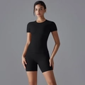 Front view of a slim-fit black short sleeve yoga top and high-waist sports shorts set - S / Black