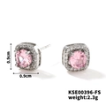 Macro detail of 0.9cm square pink zircon stud earrings with silver-tone micro-pave setting - Silver-Pink Zircon