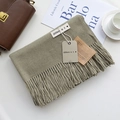 Solid grey-green faux cashmere scarf with fringes and minimalist brand tags - Mustard Green / 200cm