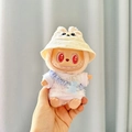 Labubu plush toy in white knit sweater with yellow bucket hat and blue bear tag - White Bunny Hat Keychain + White Free-spirited Bones / First And Second Generation Keychains Are Compatible With La Cloth Dolls. Dolls Not Included.