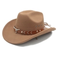 Detail of light brown felt cowboy hat with leather band and silver bull head ornament - M (56-58cm) / Khaki