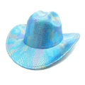 Close-up of holographic blue cowboy hat featuring metallic snakeskin texture and wide brim - M(56-58cm) / Lake Blue