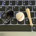 Miniature baseball keychain set with black leather glove and natural wood bat - 3-piece Mini Charm / Black
