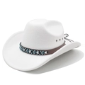 Detail of white wool felt cowboy hat with ethnic beaded leather band and air vents - M (56-58cm) / White