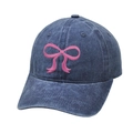 Pink bow embroidery on navy blue washed denim baseball cap with vintage finish - M (56-58cm) / Navy Blue