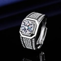 Silver luxury men's ring with large round solitaire stone and micro-pave small zircons - Platinum Gold [two Carats] Ljz-252 / Adjustable Open