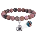 Custom photo projection bracelet with 8mm pink map stones and silver heart charm - Rhodonite