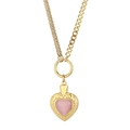 Collier cœur doré avec pierre œil de chat rose et design à double chaîne - Collier en Or avec Pierre Oeil de Chat Rose (KN87154-Z)