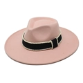 Detail of pink wool fedora hat featuring black ribbed ribbon with white bead embellishment - M (56-58cm) / Warm Pink