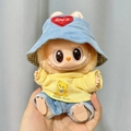Labubu plush doll wearing blue corduroy bucket hat and yellow little bear t-shirt outfit - Blue Corduroy Three-piece Pants Set / First And Second Generation Keychains Are Compatible With La Cloth Dolls. Dolls Not Included.