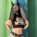 Handmade crochet skull balaclava in grey and black with bunny ears and horns - Adult 56-59cm / Black Rabbit Ear Horn Hat With Gray Skull