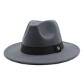 Detail of dark grey fedora hat with black ribbon band and golden M metal logo - M (56-58cm) / Dark Gray