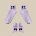 Light purple crew socks with funny cartoon face patterns in a flat lay display - Light Purple (Expression 05)