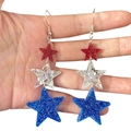 Independence Day acrylic star dangle earrings with glitter stripes and hooks - G95 Three Stars Hooks