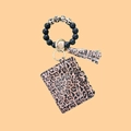 Silicone beaded keychain bracelet with leopard print card holder and gold tassel - Dark Brown Leopard