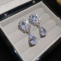Sparkling silver needle stud earrings featuring teardrop crystals and oval zircons - Oval Teardrop Banquet Style (36#) (Silver Earring Post) / Silver-Transparent