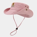 Close-up of pink cotton sun hat featuring golden sunflower embroidery and side vents - Light Pink