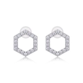 Front macro view of hexagonal silver stud earrings with sparkling white cubic zirconia stones - E13230-Hexagonal Pavé with GRA Certificate