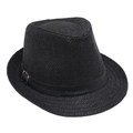 Detail of black woven Fedora hat featuring a leather strap with silver buckle detail - Black