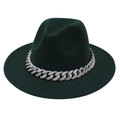 Deep green wide brim wool fedora hat with sparkling rhinestone chunky Cuban chain strap - Dark Green