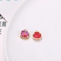 Square mocha pendants with pink and red gemstones in golden bird nest filigree frames - Red