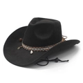 Sombrero vaquero occidental negro bohemio de ante sintético con banda étnica y cordón - M (56-58cm) / Negro