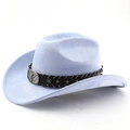 Detail of light blue faux suede cowboy hat with black leather band and metal bull head - M (56-58cm) / Light Sky Blue